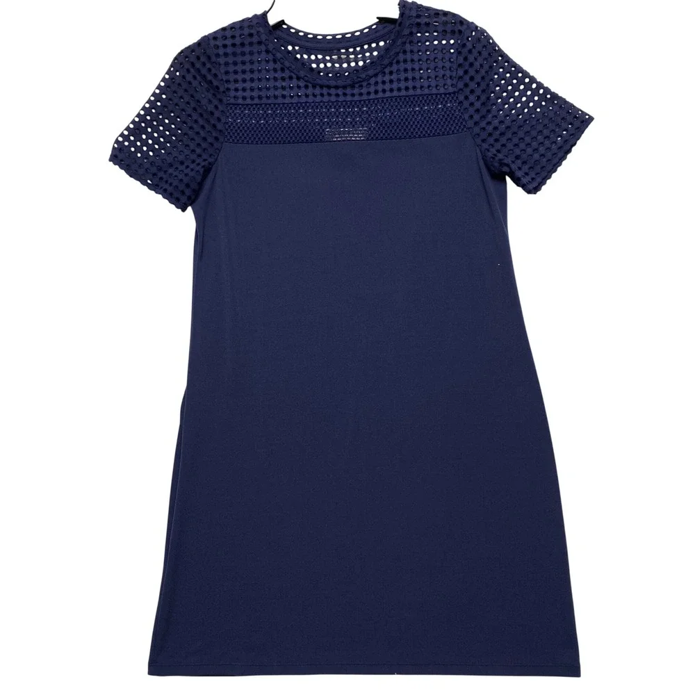 Michael‎ Kors Navy Blue Eyelet Laser Cut Shift Dress Short Sleeve Crew Neck M